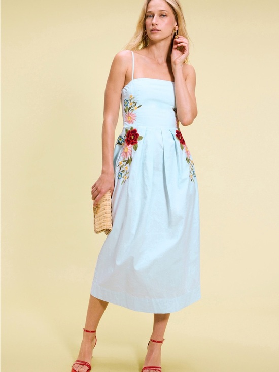 Fanm Mon Dresses & Skirts - Fanm Mon Sadine Embroidered Midi Dress Light Blue Floral Cotton xs